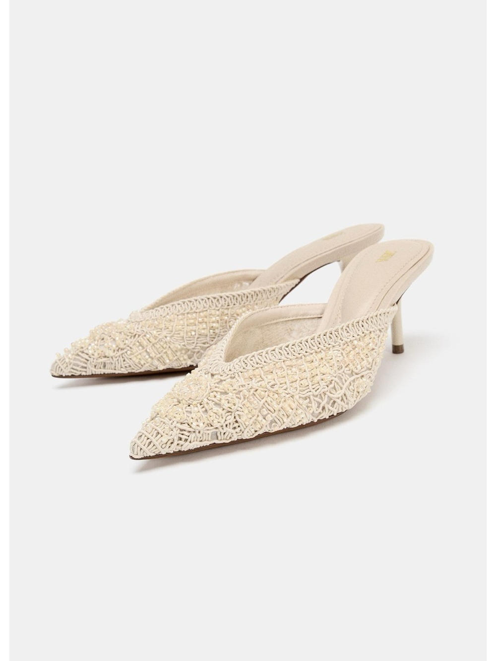 Zara Cream Beaded Pointed-Toe Mule Heels